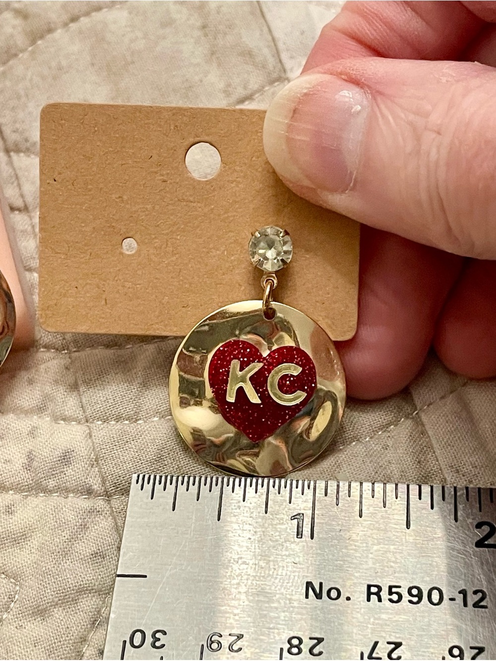 Gold Drop Earrings with Red Heart KC Accent - Picture 11 of 13